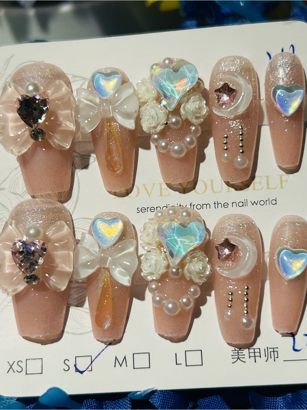 Luxurious 3D Press on Nails 💅 Pink Pearl  10pcs Set with Iridescent Hearts #250